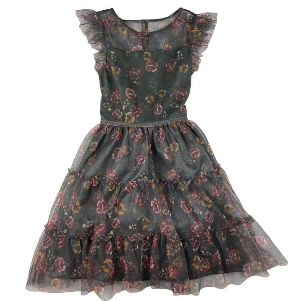 Zunie Mini Dress Girls 10 Charcoal Floral Ruffle Tiered Pleated Lined Back Zip